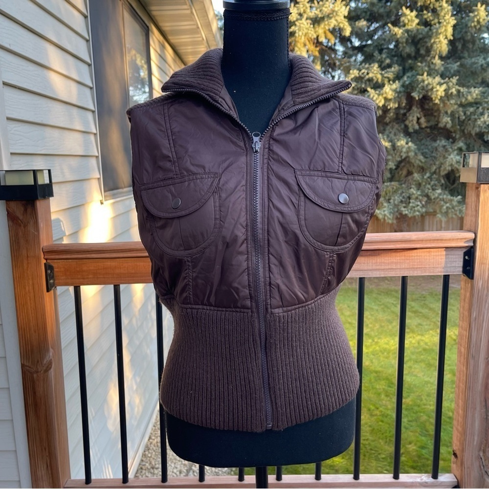 Vtg Y2K Twenty One Brown Puffer & Knit Vest Zip Up Chunky 2000s Size Large
